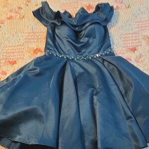 Mori Lee Blue Ruched Embellished Off-Shoulder Dress